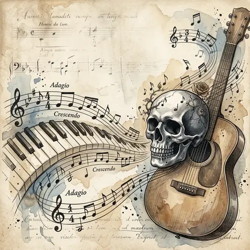 Musical Harmony: Notes, Piano, Guitar & Skull Art