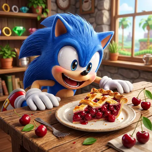 Sonic Hedgehog Enjoys Cherry Pie in 3D Style