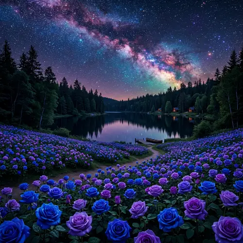 Magical Blue and Purple Rose Field at Night