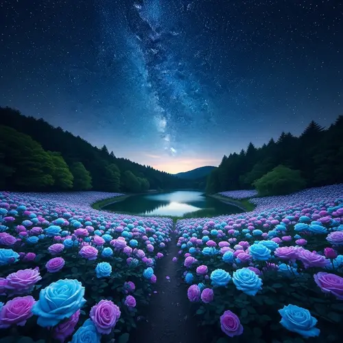 Magical Blue and Purple Rose Field at Night