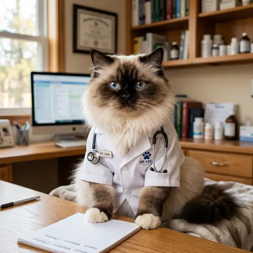 Chubby Doctor Cat: Siamese-Persian Blend with Lab Coat & Stethoscope