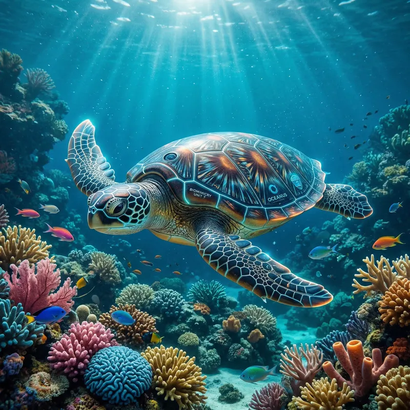 Futuristic Turtle-shaped Submarine in Coral Reefs