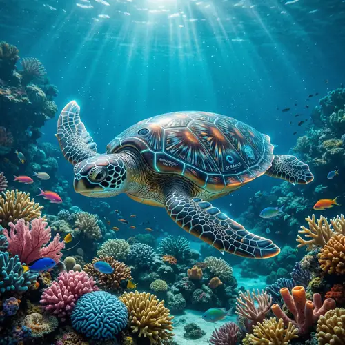 Futuristic Turtle-shaped Submarine in Coral Reefs