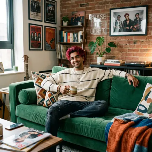 South Asian Male Pop Idol with Crimson Hair on Sofa