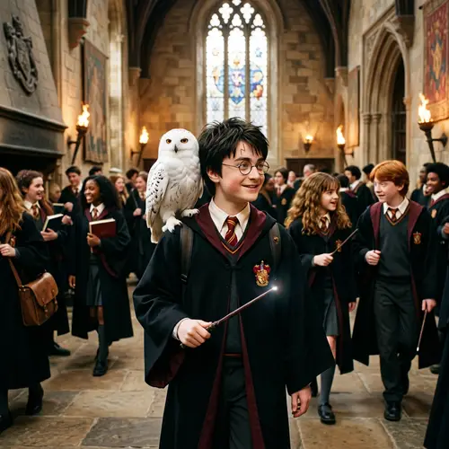 Young Wizard Boy with Lightning Scar and Owl in Magical Castle