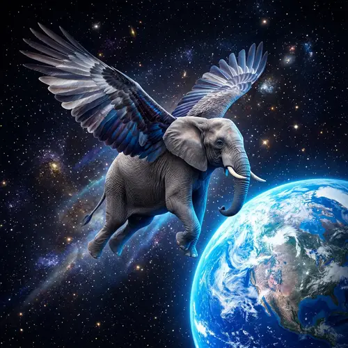 Majestic Elephant with Feathered Wings Soaring in Cosmic Space
