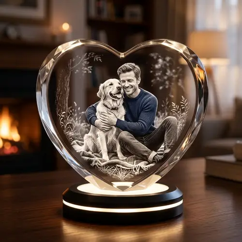 3D Optical Crystal Heart Engraving with Caucasian Male and Golden Retriever