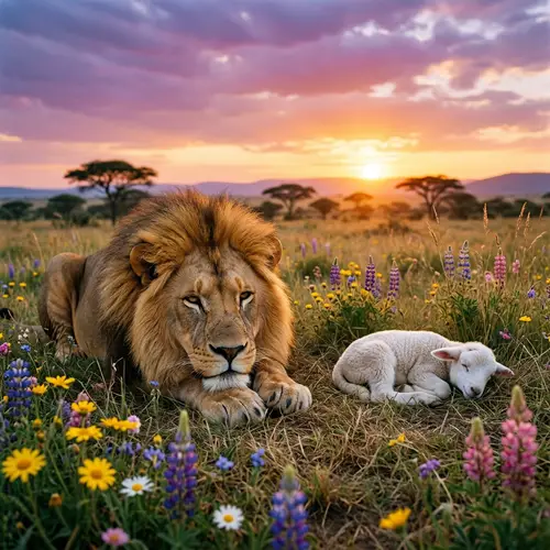 Majestic Lion Embraces Peaceful Bond with Baby Lamb