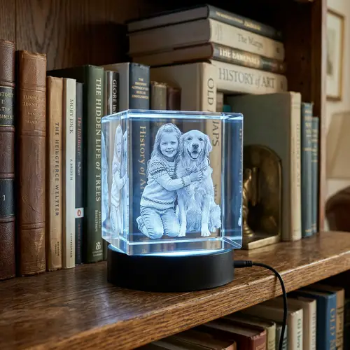 3D Crystal Engraving of Young Girl with Dog on LED-Illuminated Base