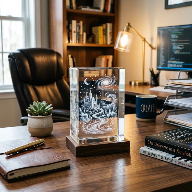 3D Engraving in Crystal Rectangle on Home Office Desk 3D Engraving in Crystal Rectangle on Home Office Desk