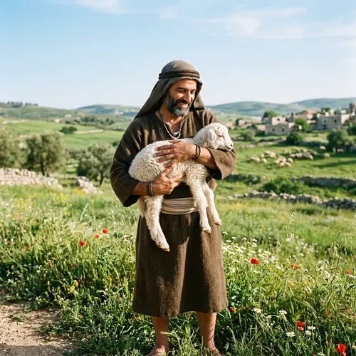 Serene Man Holding Fluffy Lamb in Tranquil Outdoor Landscape