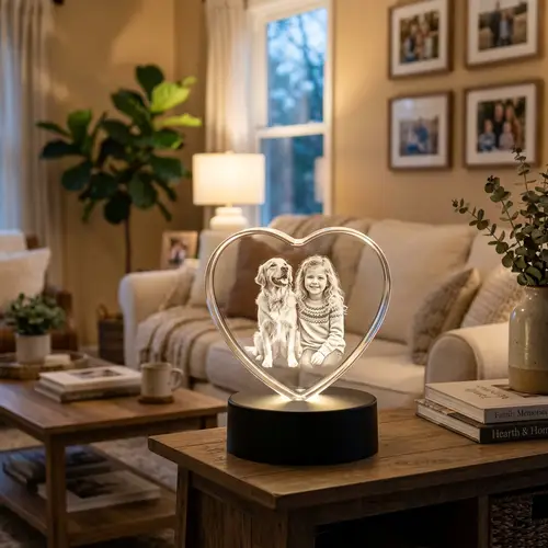 Laser Engraved Crystal Heart with Girl and Dog Image | Home Decor