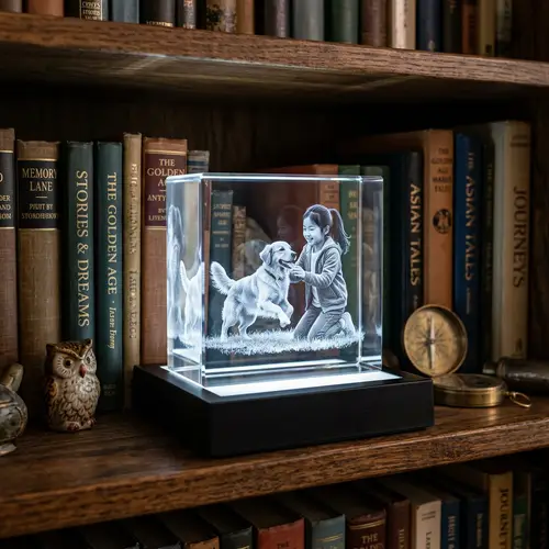 3D Subsurface Engraving of Asian Girl with Golden Retriever | Crystal Square