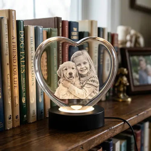 3D Crystal Heart Engraving of Girl & Dog | LED Lighted Base