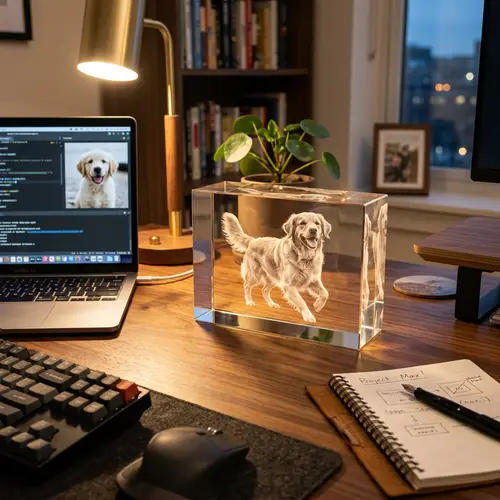 3D Dog Engraving in Crystal on Wooden Desk