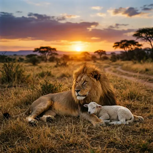 Majestic Lion and Tranquil Lamb on Sun-Warmed Savanna