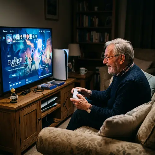 Elderly Man Immersed in Video Game Joy | Gaming Console Scene