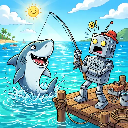 Cartoonish Robot Fishing at Ocean | Fun Surprise