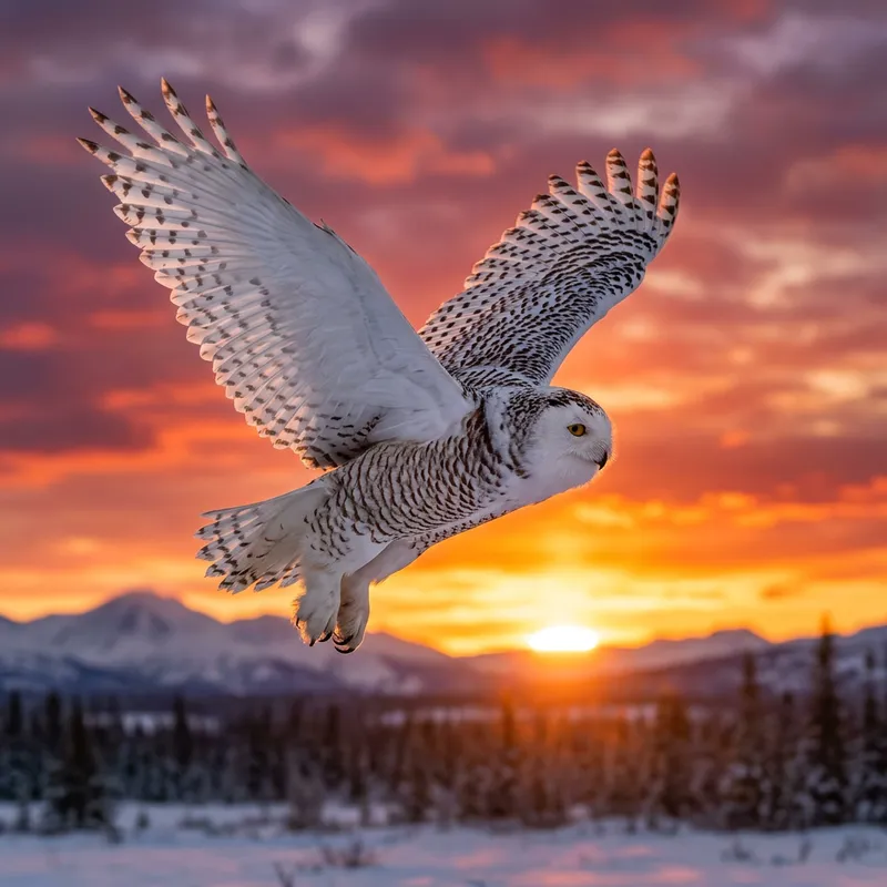 Majestic Snowy Owl in Flight Against Vibrant Sunset Sky