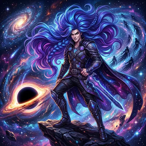 Mesmerizing Blue & Purple Haired Villain in Cosmic Setting