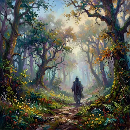 Mysterious Figure in Misty Forest - Vibrant Impressionist Art