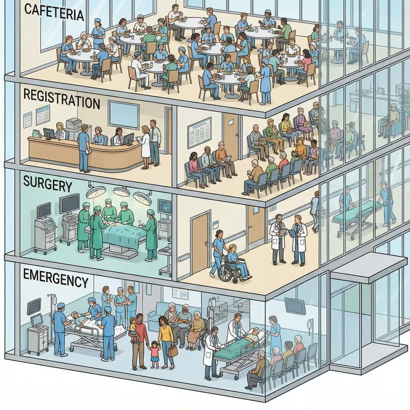 Detailed Multi-Story Hospital Scenes: ER, OR, Hallways, Registration, Cafeteria