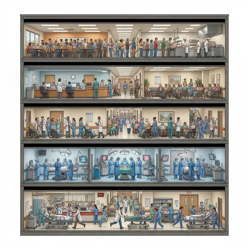 Bustling Multi-Floored Hospital - Emergency, OR, Hallway, Registration, Cafeteria