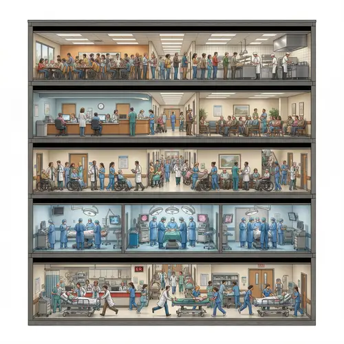 Busy Multi-Floored Hospital - Emergency Room, Operating Room, Hallway, Registration, Cafeteria