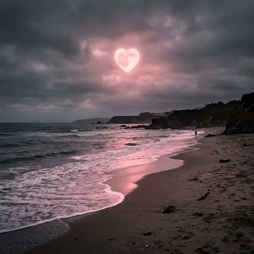 Tranquil Ocean Beach with Heart Pink Moon | Ethereal View