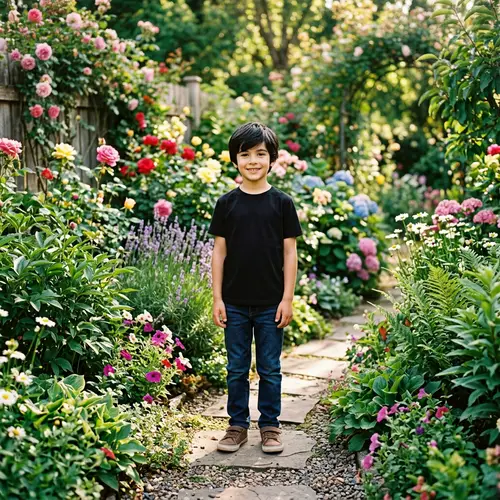 Caucasian Boy with Beautiful Black Hair in Lush Garden