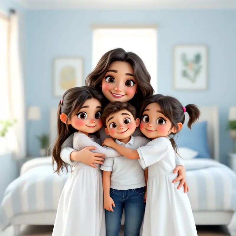Heartwarming Cartoon Mom with Twins in Bedroom