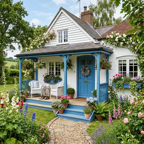 Charming White Cottage with Blue Porch Door