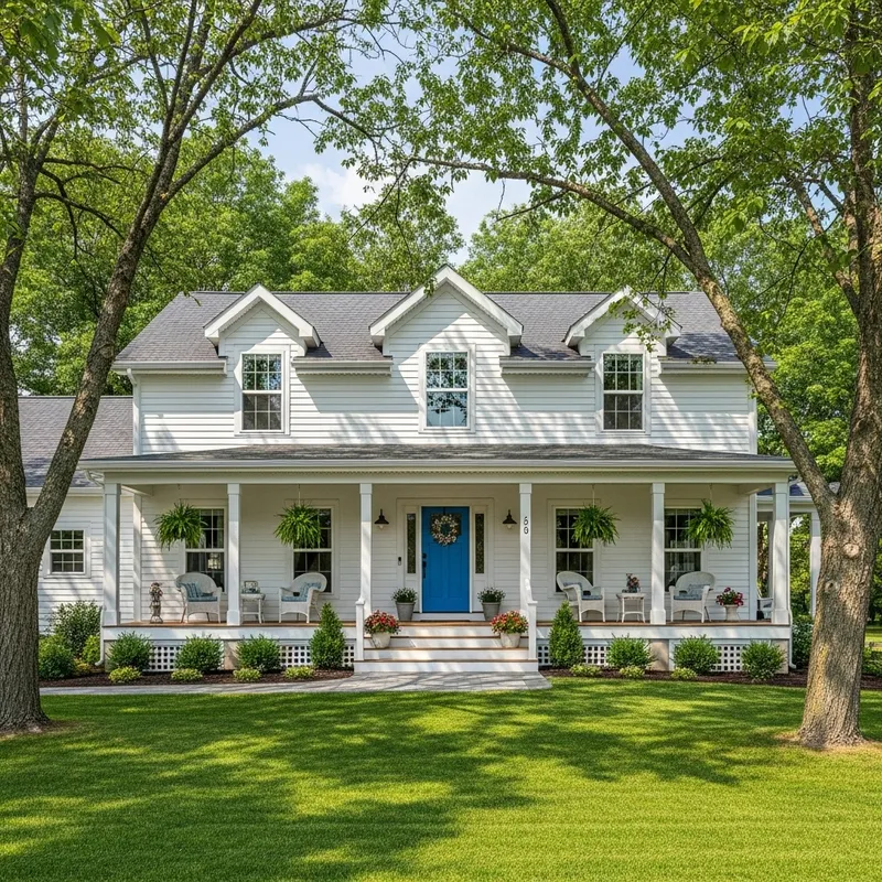 Charming White Farmhouse with Blue Porch Door