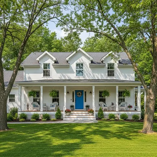 Charming White Farmhouse with Blue Porch Door