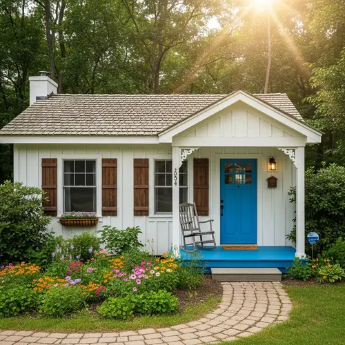 Charming White Cottage with Blue Porch Door