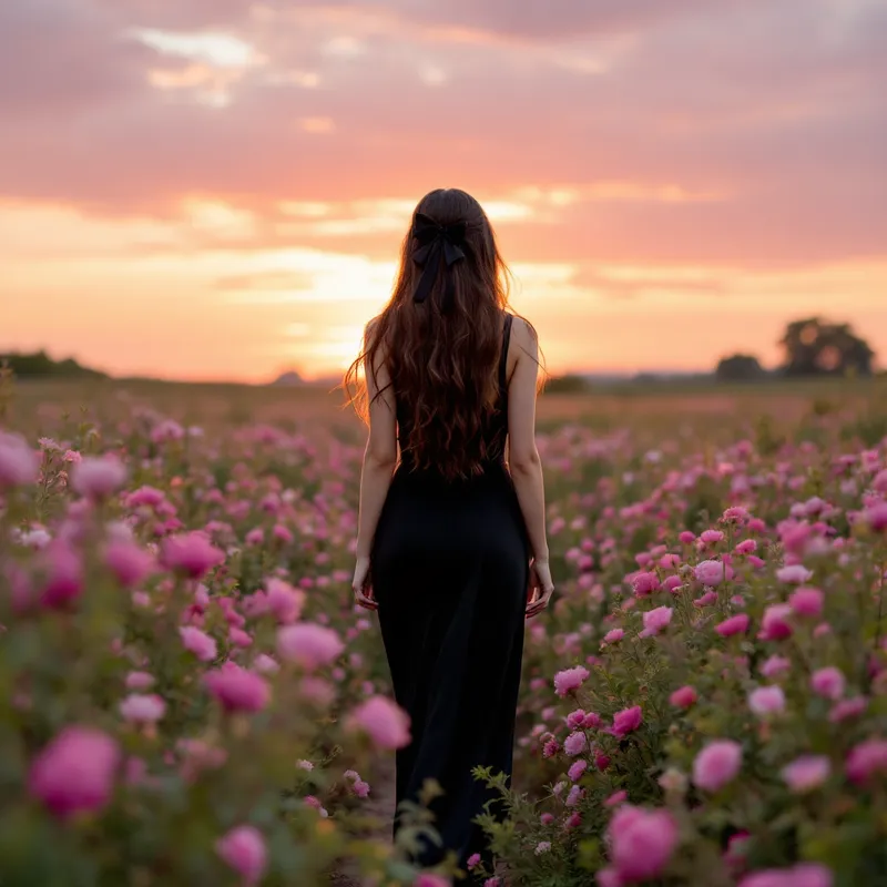 Elegant Woman in Black Dress Amidst Flowers Elegant Woman in Black Dress Amidst Flowers