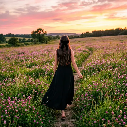 Elegant Woman in Black Dress Amidst Flowers