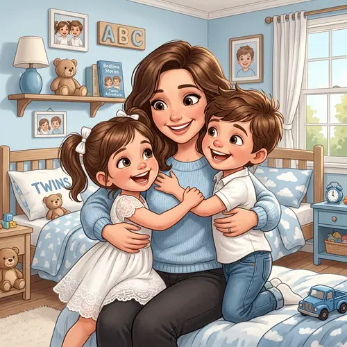 Heartwarming Cartoon Mom with Twins in Bedroom