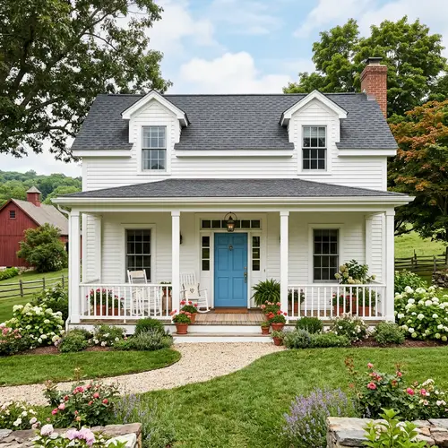 Charming White Farmhouse with Blue Porch Door