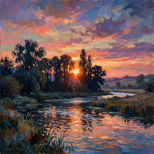 Tranquil Sunset Landscape in Impressionist Style