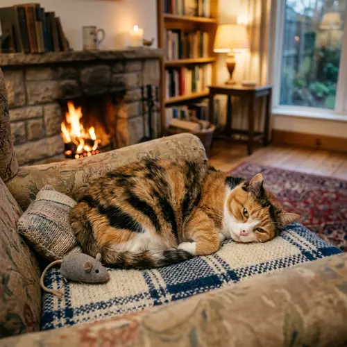 Cozy Domestic Cat with Colorful Fur in a Warm Room Setting