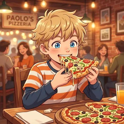Anime Boy White Eating Pizza - Joyful Eating Scene