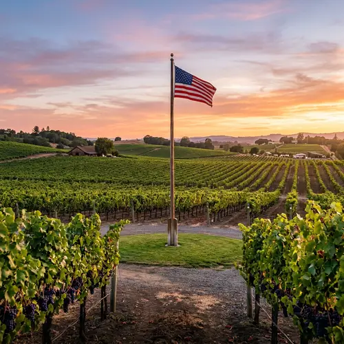Serene Vineyard Landscape with Flagpole | Sunset Glow View