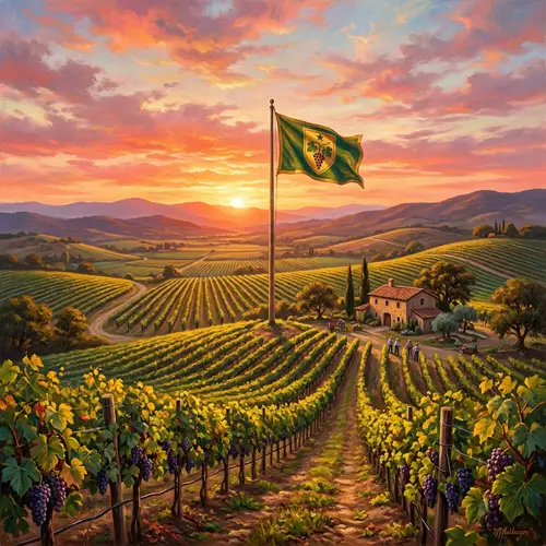 Tranquil Vineyard Sunset Art - Lush Greenery & Sunset Flag