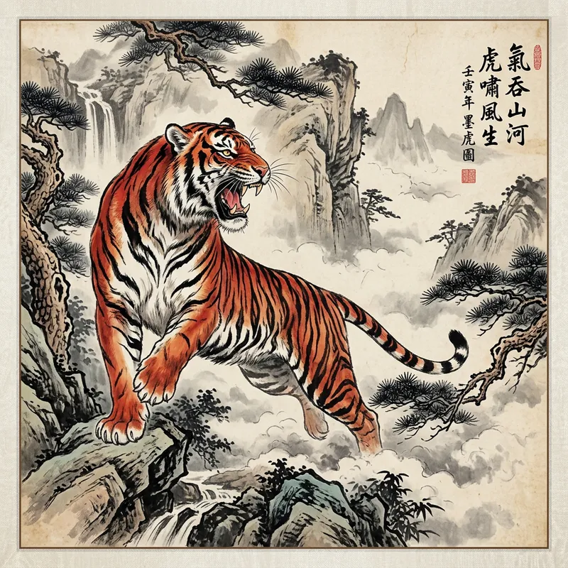 Vibrant Tiger Painting in Traditional Chinese Art Style Vibrant Tiger Painting in Traditional Chinese Art Style