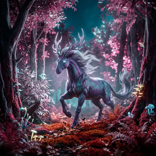 Mystical Creature in Vibrant Forest: Fantasy-Inspired Scene