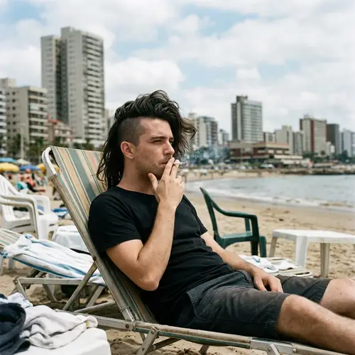 Stylish Man Smoking on City Beach | Black Shirt