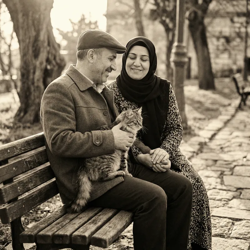 Vintage Romance: Turkish Couple with Cat on Park Bench Vintage Romance: Turkish Couple with Cat on Park Bench