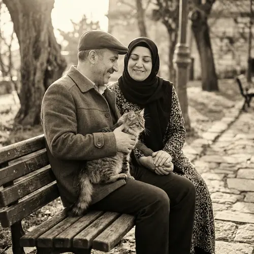 Vintage Affection: Turkish Couple with Cat on Park Bench