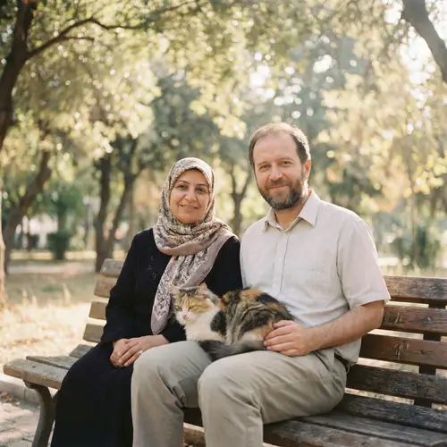Romantic Park Bench Moment with Friendly Cat - Love and Tranquility